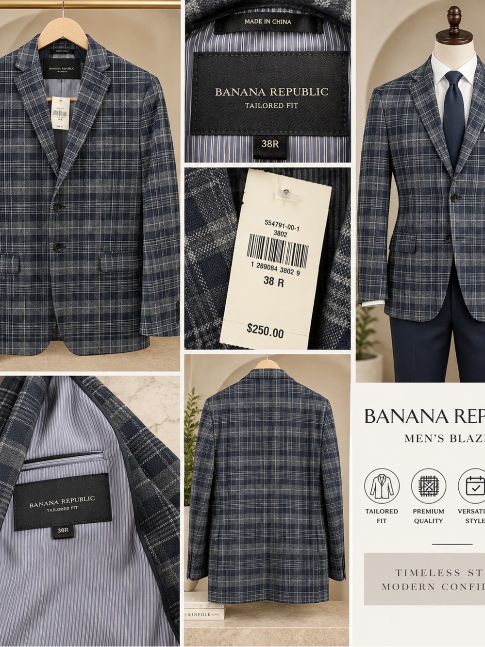 Banana Republic Navy and Gray Plaid Tailored Fit Blazer